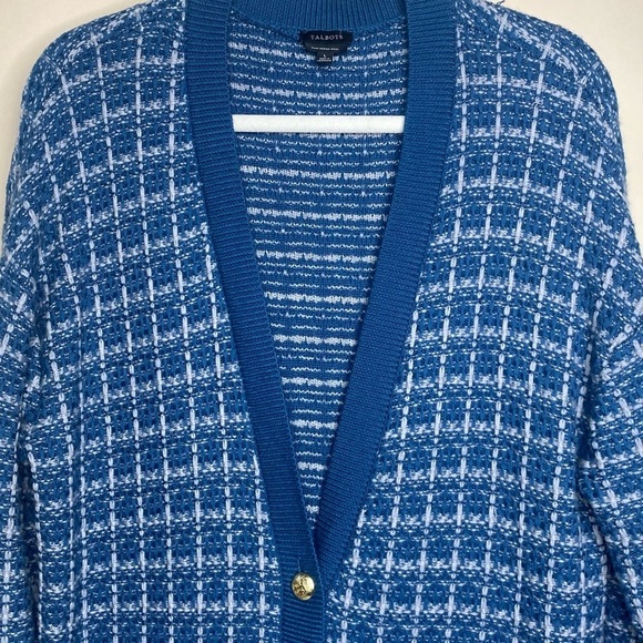 Talbots Merino Wool Long Cardigan Blue Plaid Sz L Button Up Like New - Picture 5 of 9